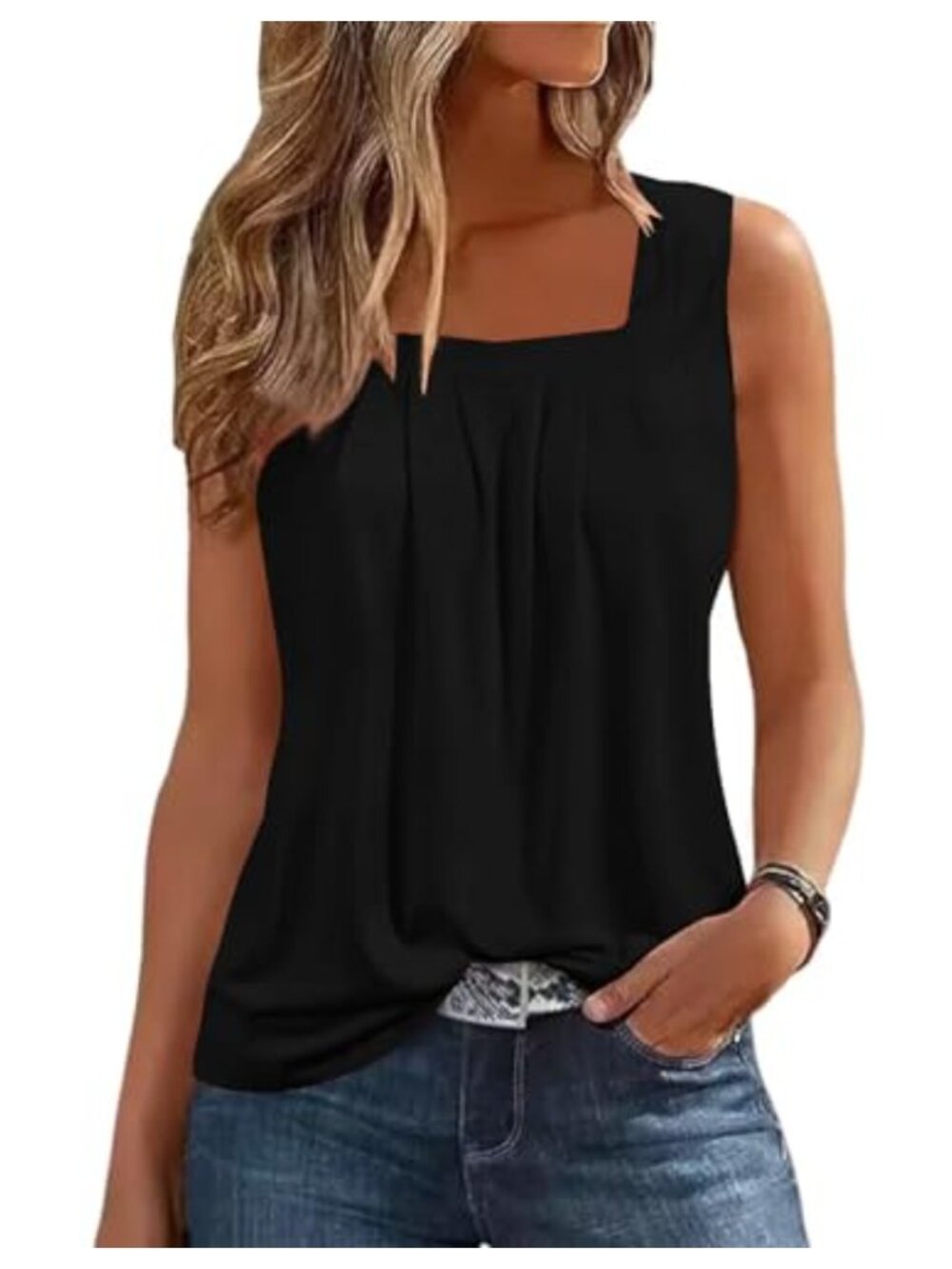 Womens Square Neck Pleated Tank Top Loose Fit Flowy Sleeveless Summer Shirt